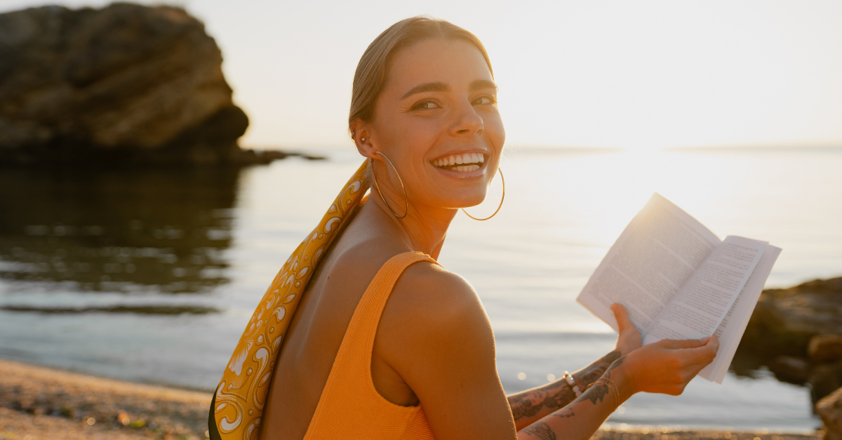 beautiful blond smiling woman on beach