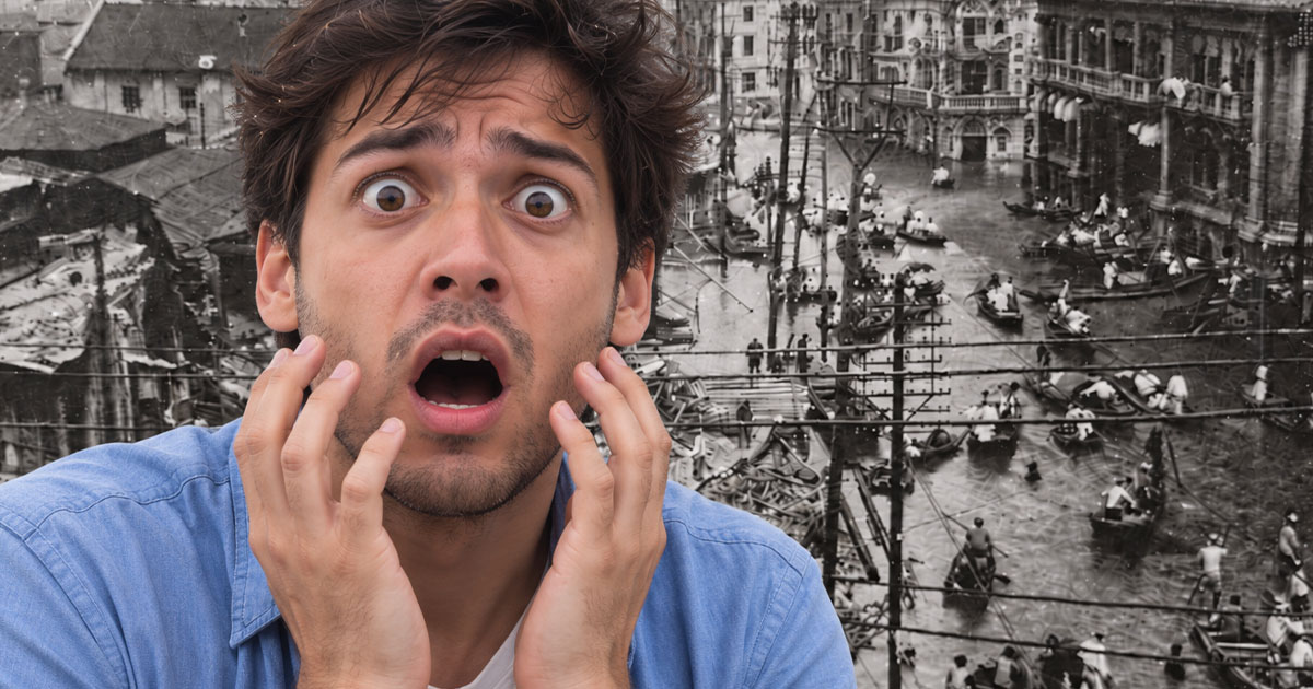 Shocked man with a natural disaster
