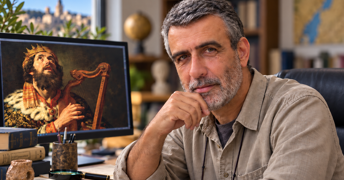 AI-generated image of an archaeologist beside computer displaying King David painting