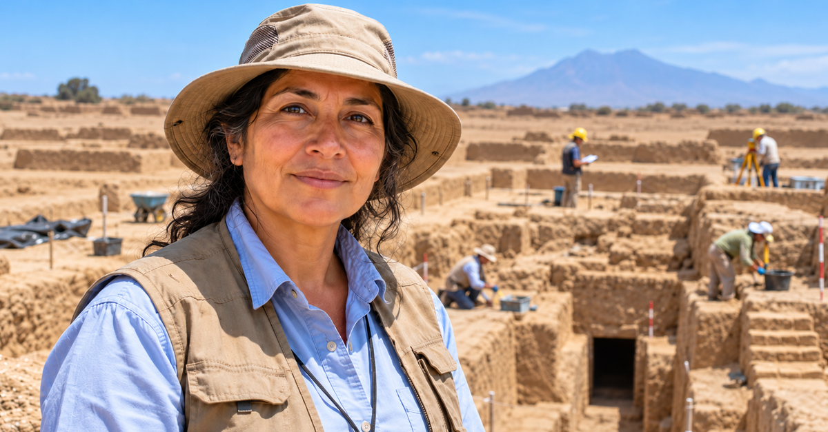 AI-generated image of archaeologist standing in front of excavated tomb