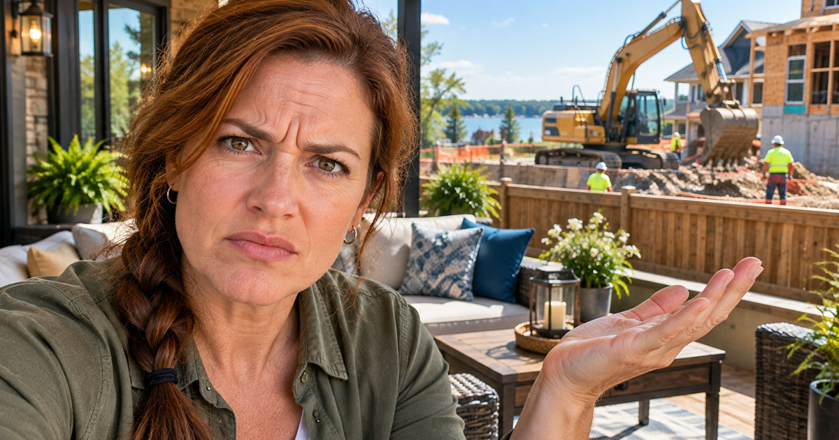 Annoyed woman on a backyard patio