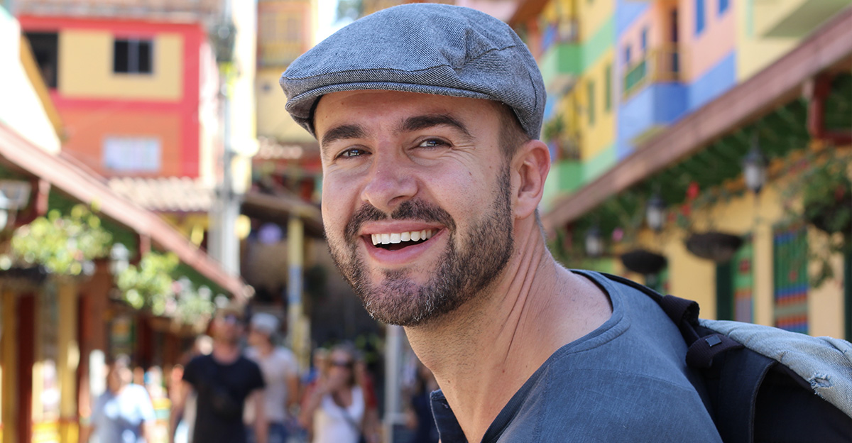 Cheerful man in a typical South American street
