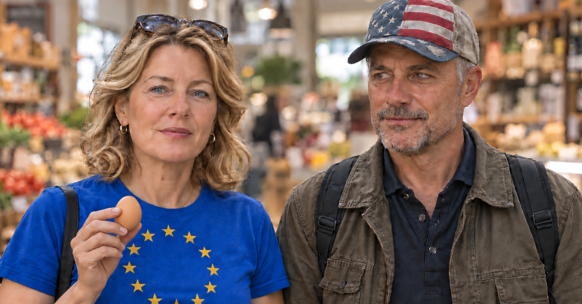 American man and a European woman holding an egg