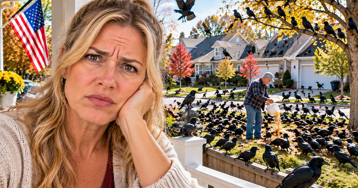 A concerned woman with a man feeding crows