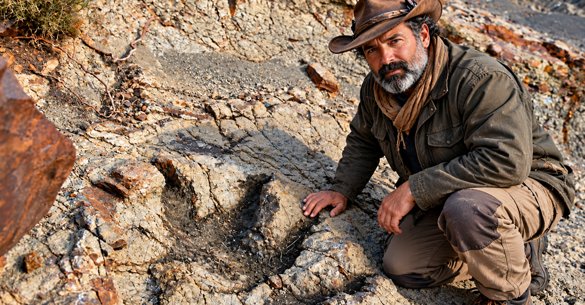 AI-generated image of man crouched down next to fossilized footprint
