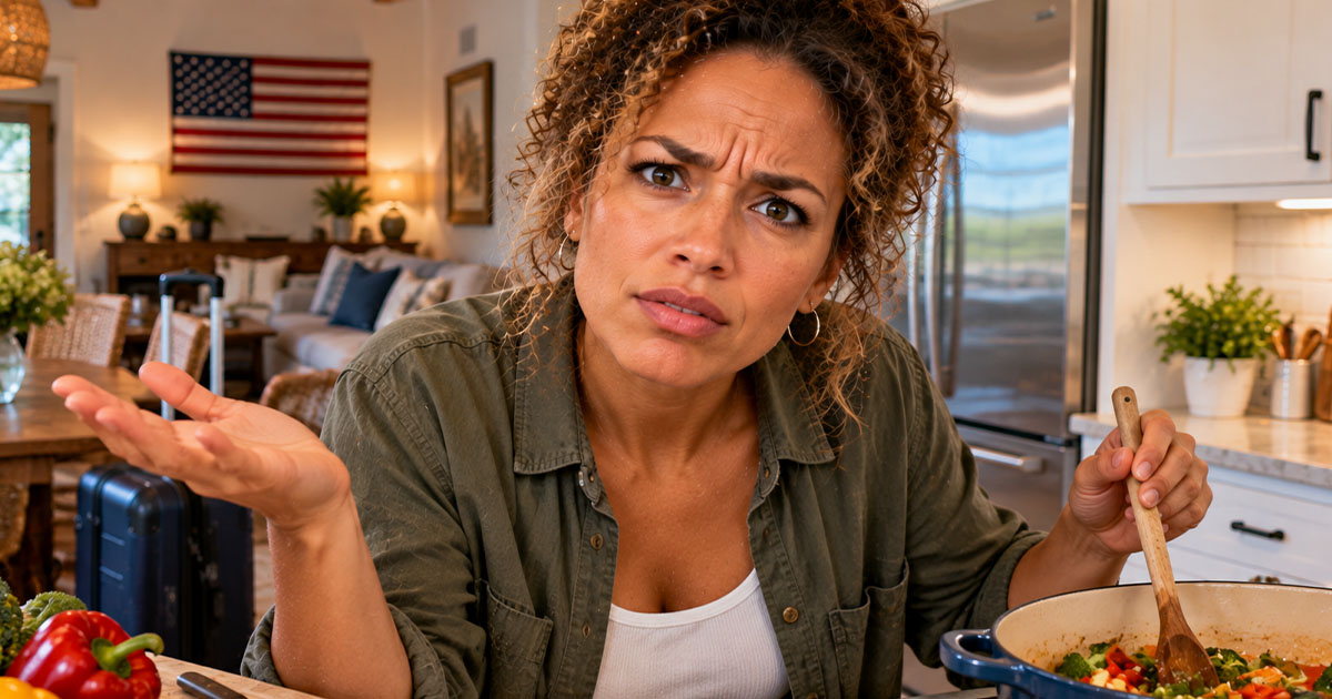 A confused woman cooking