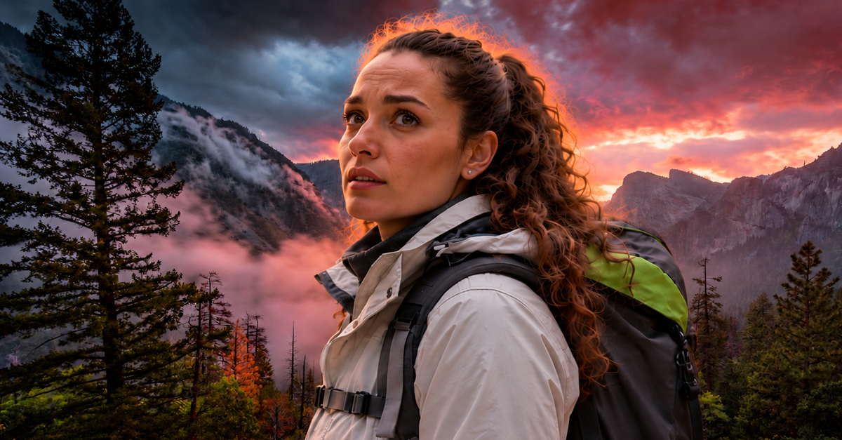 Yosemite Valley Mountain landscape at dusk with an AI-generated woman