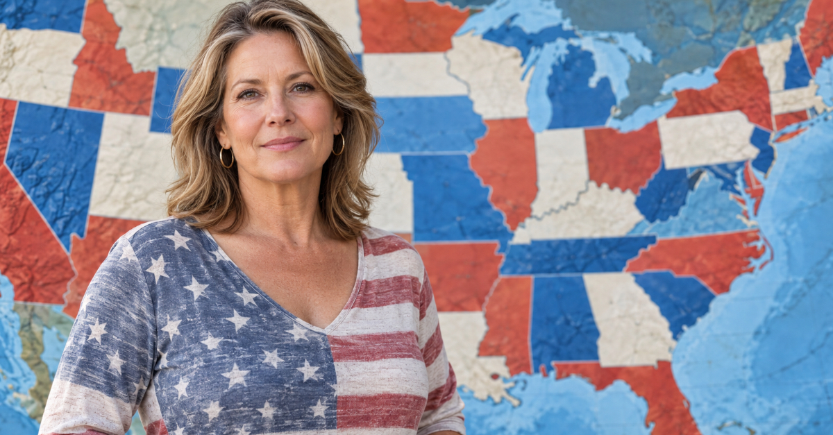 Woman in American flag shirt in front of USA states map