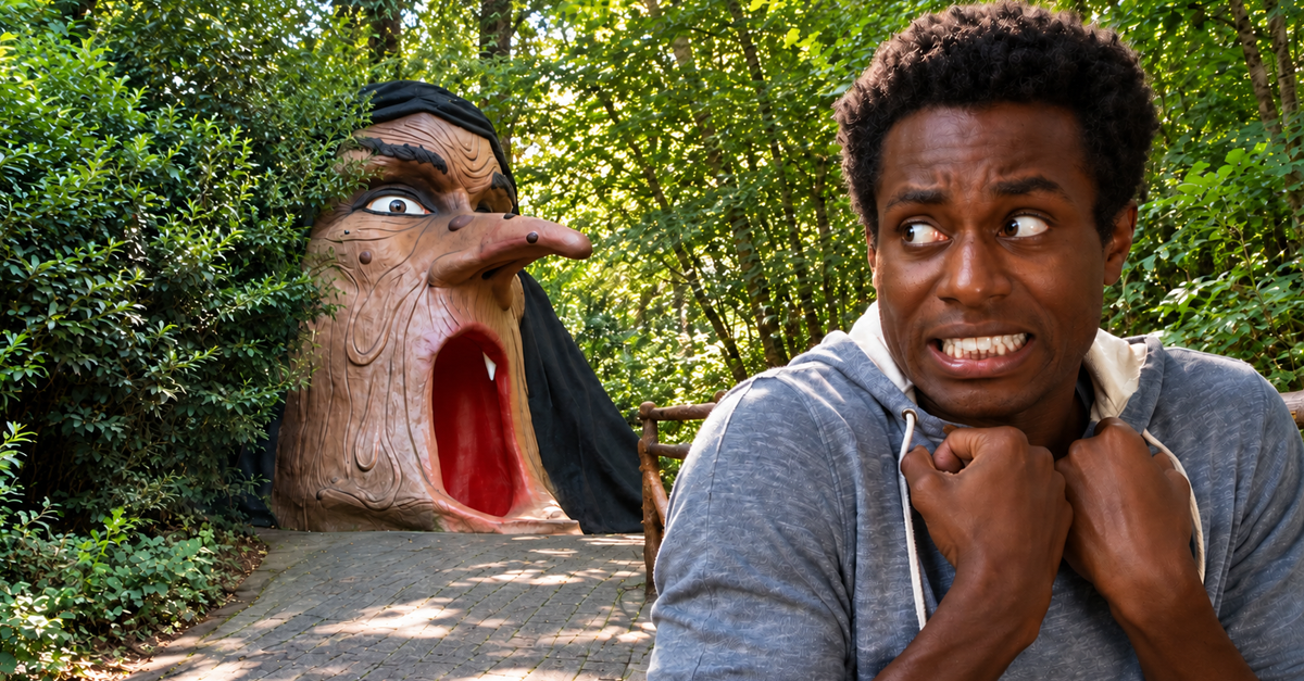 AI-generated image of a man next to the Witch’s Head attraction at The Enchanted Forest in Oregon