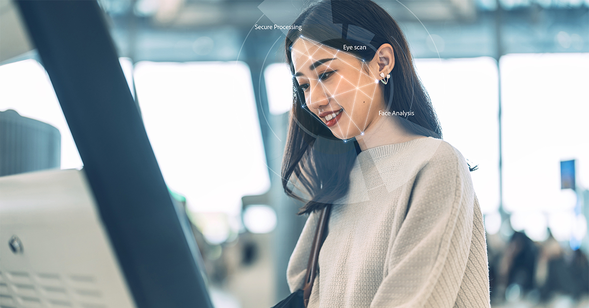 Passenger at international airport terminal for departure with airline transport face detection biometric identity using self service check