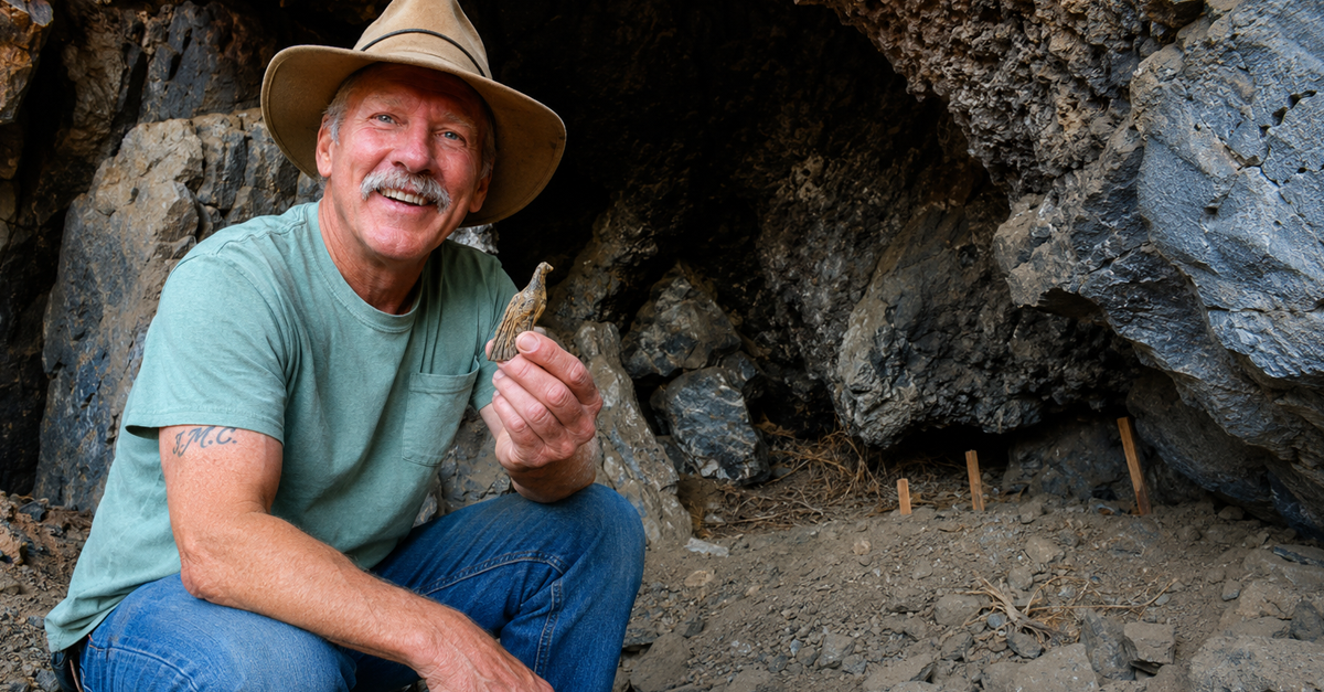 AI-generated image of a man holding a bird carving in a cave