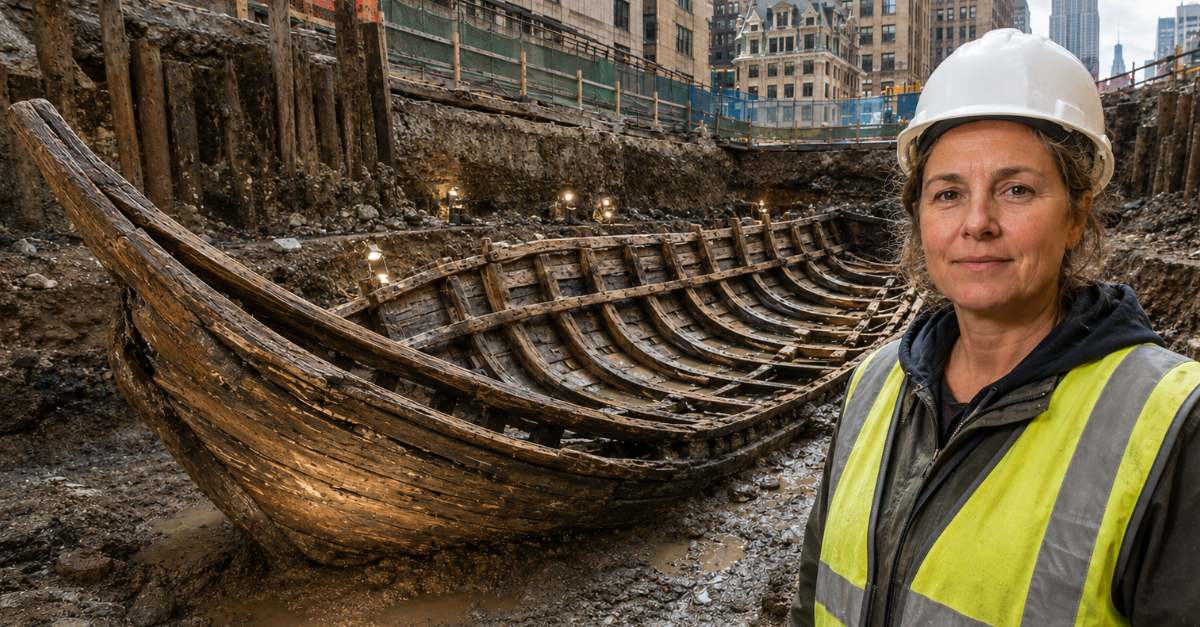 Archeological dig in New York City, Female worker looking at camera