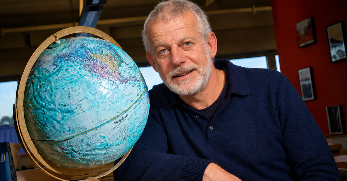 AI-generated image of a man next to a globe