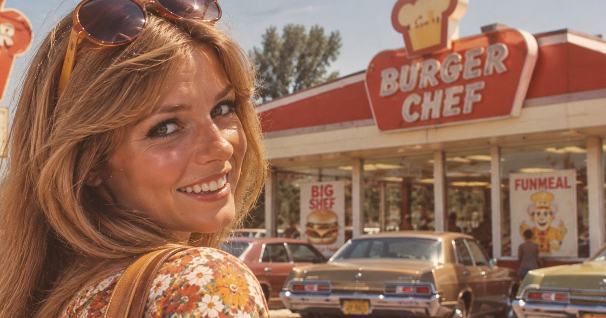 Woman standing in front of a fast food restaurant from the 70s