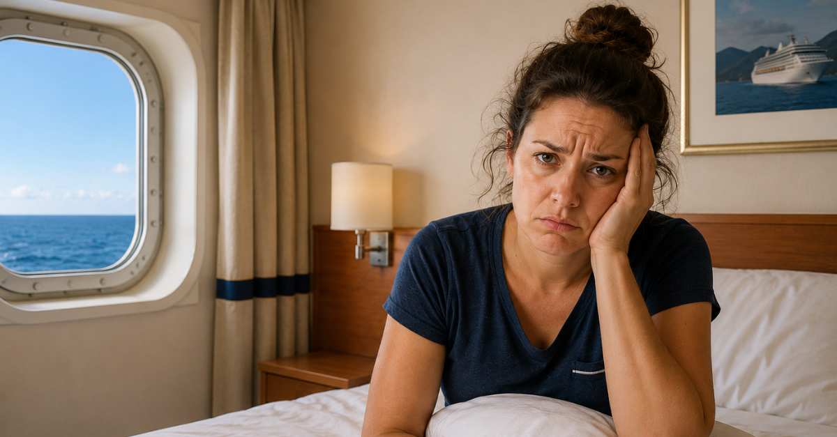 Unhappy woman sitting in cruise cabin.