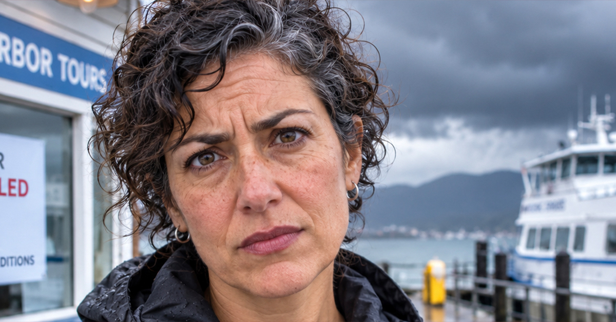 Disappointed middle-aged woman with short curly hair. She's at a pier with a boat in the background but the tour is canceled.