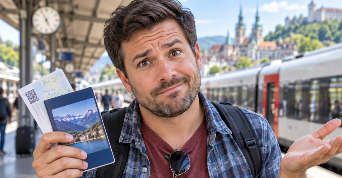 Confused American tourist at a European train station