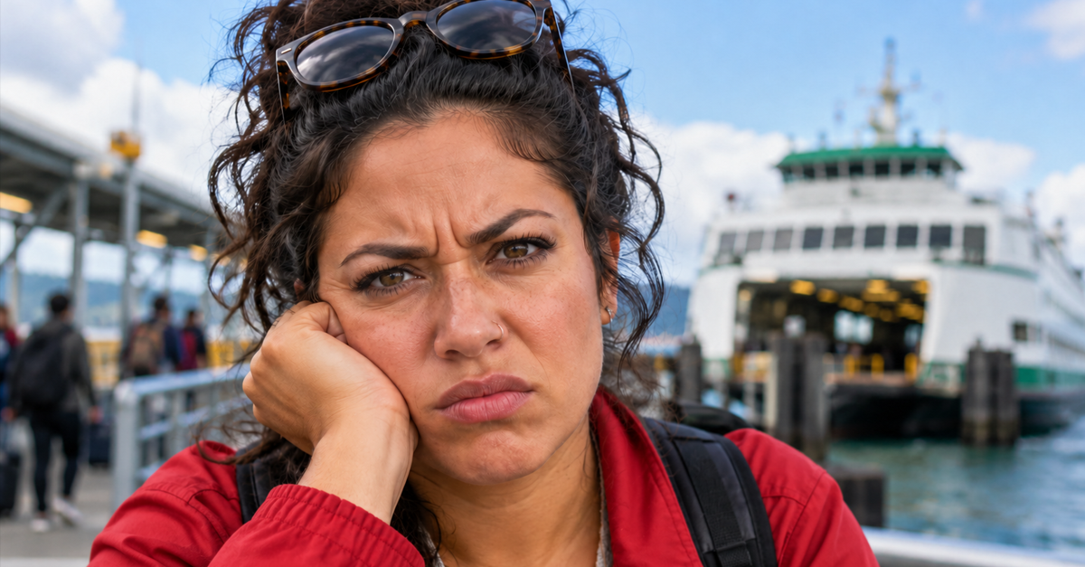 AI-generated image of a frustrated woman waiting beside a docked ferry