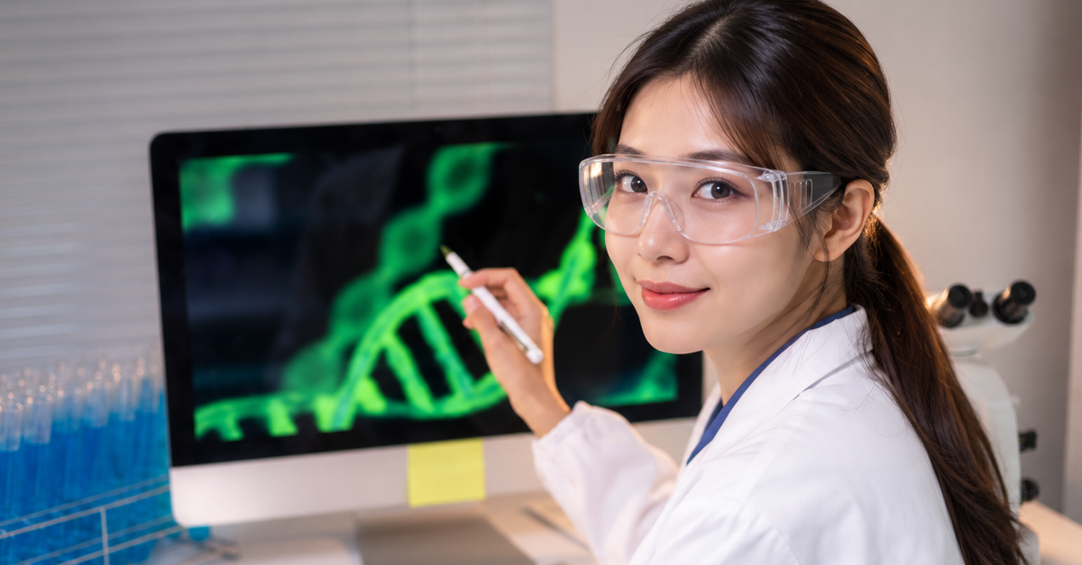AI-generated image of a scientist analyzing DNA on a computer in a laboratory