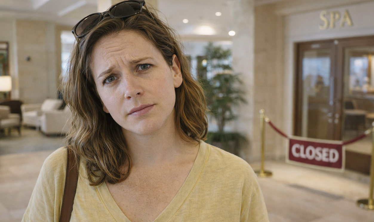 Woman frustrated by spa closure at luxury resort