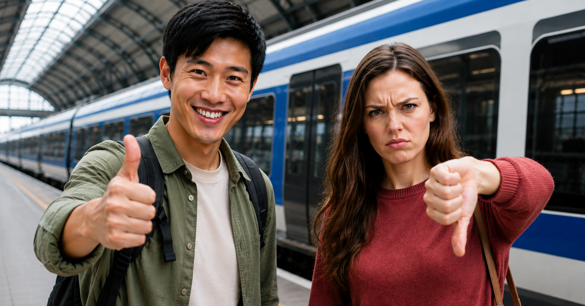 AI-generated image of man with thumbs up and woman with thumbs down, in front of train