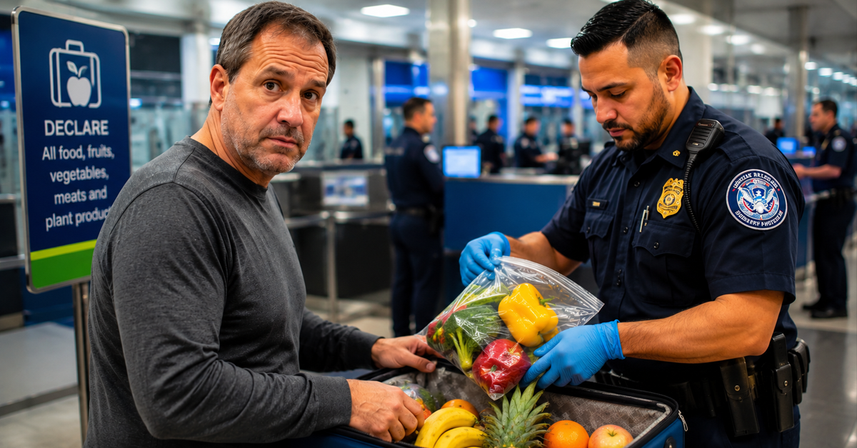 Man in airport; border agent seizing food from luggage