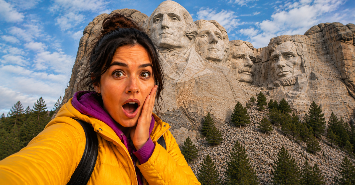 AI-generated image of a woman standing in front of Mount Rushmore
