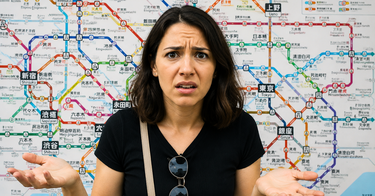 Confused traveler at Japanese subway station.